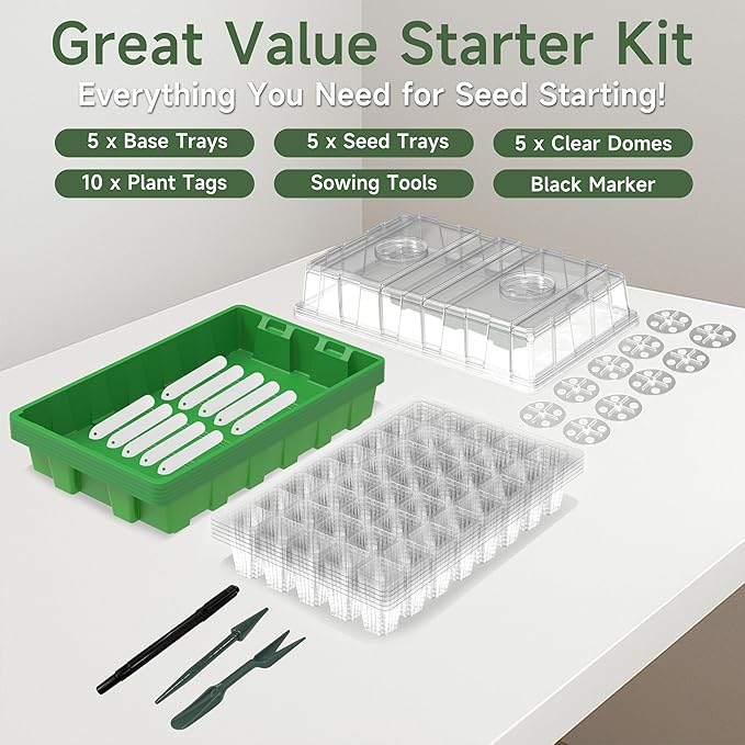 Gardzen 5 Pack BPA Free Seed Starter Tray Kit, 40 Cell Reusable Seedling Trays with Humidity Vented Domes and Base, Indoor Gardening Greenhouse Starter for Vegetables Flowers Herbs