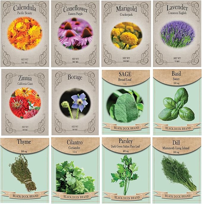 Medicinal Herb and Flower Set - 12 Varieties of Non-GMO & Heirloom Flowers and Herbs - Basil, Cilantro, Calendula, Lavender, Sage, & More!
