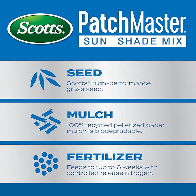 Scotts PatchMaster Lawn Repair Mix Sun + Shade Mix, Combination Grass Seed, Fertilizer, and Mulch, 10 lbs.