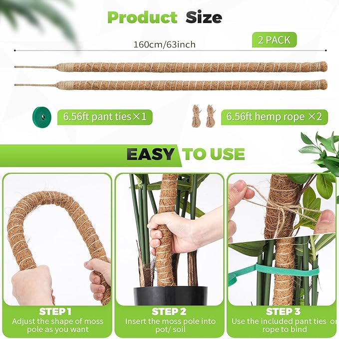 Monstera Plant Support 2 Pack 63 Inch Moss Pole Bendable Monstera Support for Climbing Plants Extra Large Handmade Moss Poles Aluminum Plant Support Stakes Indoor Grow Upwards