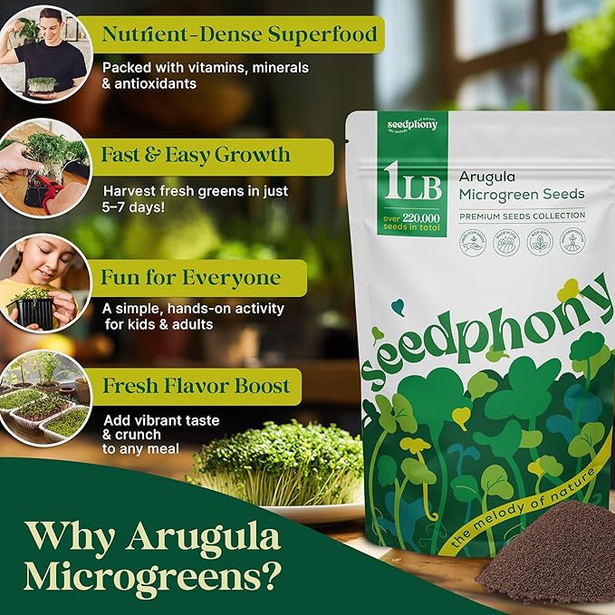 Arugula Sprouting & Microgreens Seeds - 220,000 Non-GMO Heirloom Seed, 1lb Resealable Bag - High-Germination Arugula Seeds for Sprouting in Jars, Soil, Hydroponics & Microgreen Trays