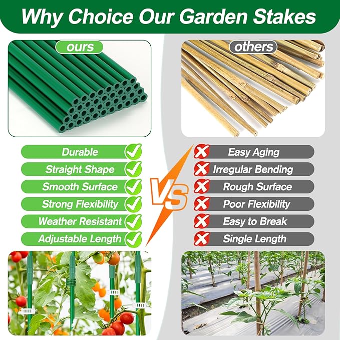 310PCS Garden Stakes Set with 100PCS 16 Inch Fiberglass Plant Sticks and Stake Arms, DIY 4ft 5ft 6ft 7ft 8ft Tomato Stakes, Garden Stakes for Vegetables, Tomato Pepper, Indoor Outdoor Plants