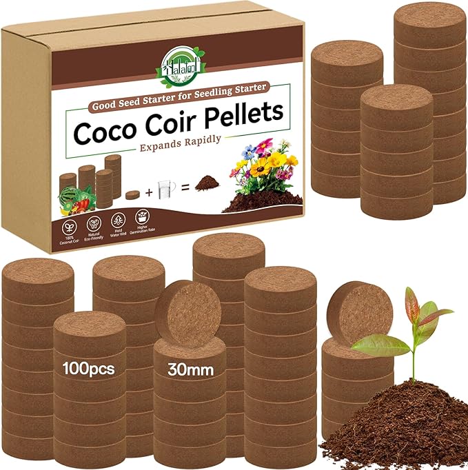 Halatool 100pcs 30mm Organic Coconut Coir Pellets Soil for Seed Starter, Compressed Coco Coir Potting Soil for Growing Vegetables, Fruits, Flowers