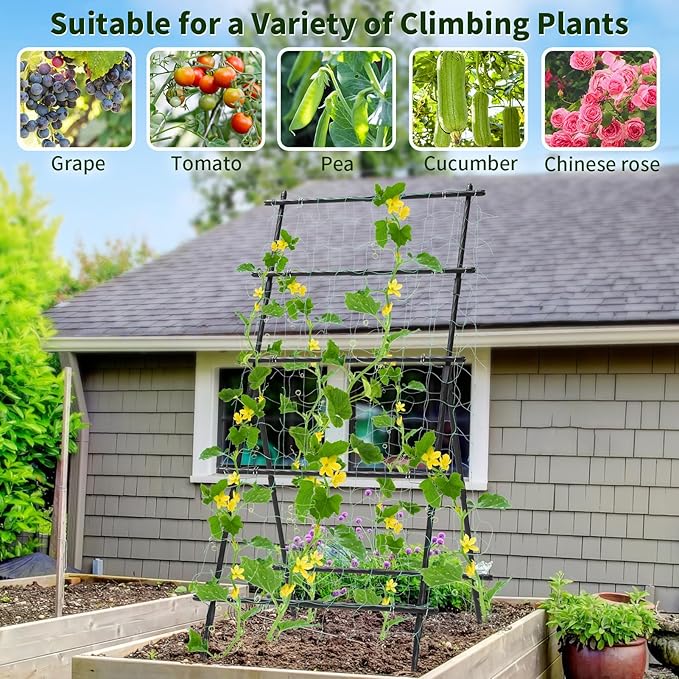Garden Trellis for Climbing Plants, 6ft Cucumber Trellis for Raised Bed, Pea Grape Vine Tomato Trellis Cattle Panel A Frame Vegetable Plant Support Outdoor for Backyard, Black