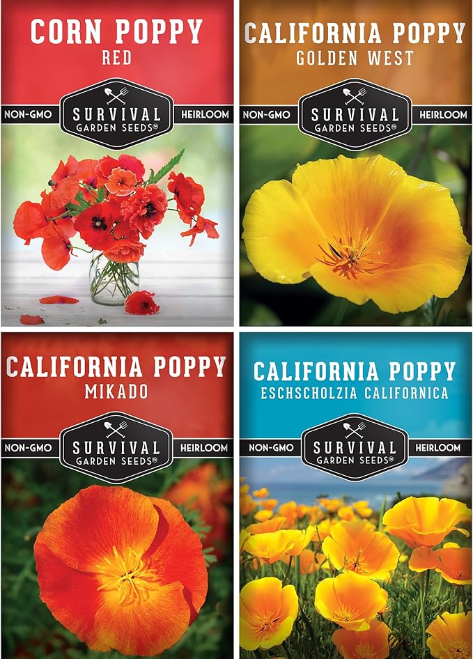 Poppy Collection 4 Variety Pack of Seeds for Planting – California, Golden West, Mikado & Red Corn Poppy Varieties – Non-GMO Heirloom Wildflower Collection - Survival Garden Seeds