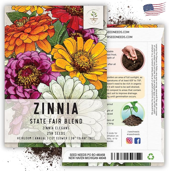 Seed Needs, Mixed State Fair Zinnia Seeds - 250 Heirloom Seeds for Planting Zinnia Elegans - Annual Flowers to Attract Butterflies & Other Pollinators, Great Cut Flower (1 Pack)