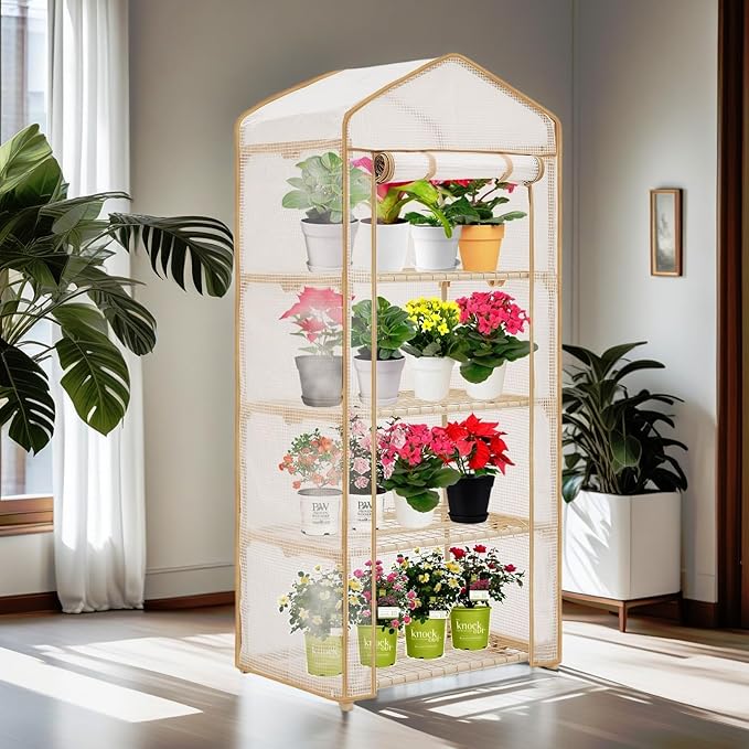 4-Tier Mini Greenhouse – Indoor or Outdoor Gardening Hot House with PE Zippered Cover and Metal Shelves for Growing Vegetables, Flowers and Seedlings 63'' H x 27'' L x 19'' W (PLGH704OWW)