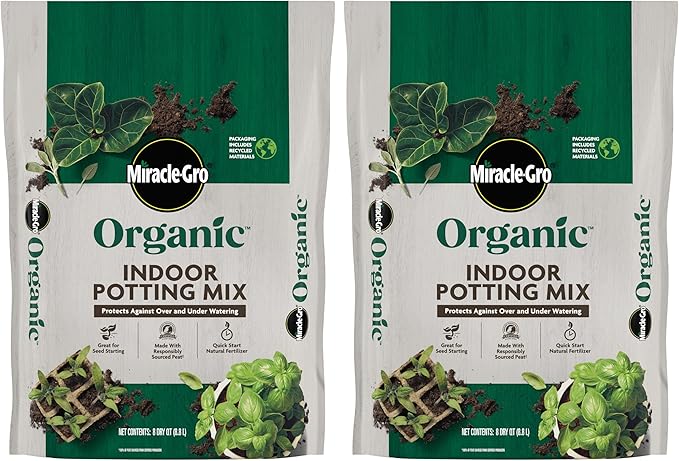 Miracle-Gro Organic Indoor Potting Mix - Protects Against Over and Under Watering, Planting Soil for Indoor Container Plants, Houseplants and Starter Plants, OMRI Listed, 8 qt. (2-Pack)