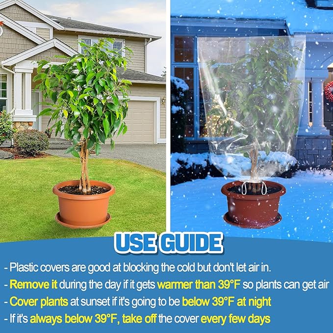 ANPHSIN 6 Pcs Winter Plant Cover Freeze Protection - 24" x 32" Plastic Plant Frost Bags with Drawstring, Transparent Waterproof Plant Shelter Coverings for Outdoors Garden Potted Plants