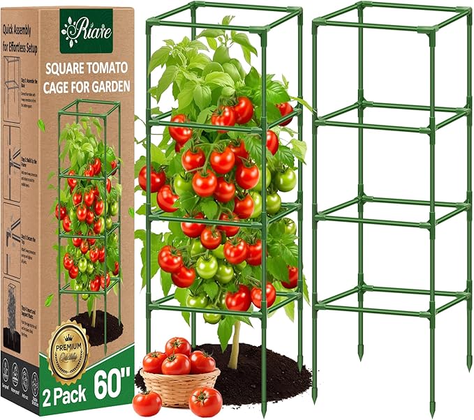 Riare 2 Pack Square Tomato Cages for Garden Plant Support- 60 Inch Heavy Duty Tomato Cage Garden Stakes Tomato Trellis for Climbing Plants Vegetables Flowers Outdoor Indoor