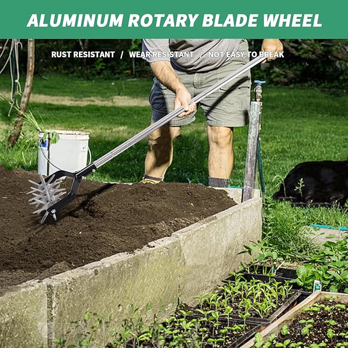 Rotary Cultivator Garden Tool, Adjustable Hand Tiller, Long Handle Cultivator for Aerating, Planting and Mixing Soil or Reseeding Grass