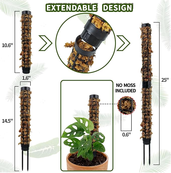 Small Moss Pole for Monstera - Stackable & Refillable Plastic Moss Poles for Climbing Plants with Large Mesh Design (4Pack-Black-Small)