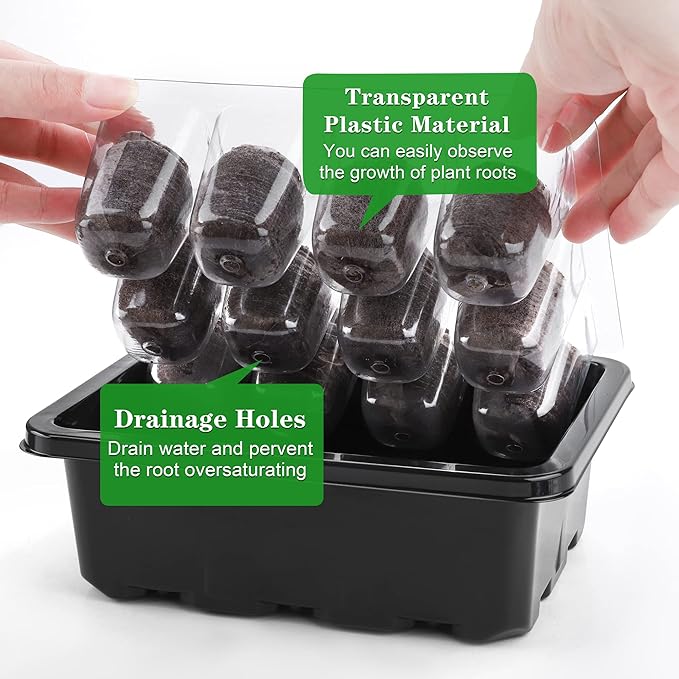 Hahood 6 Pack 12-Cells Seed Starter Tray Kit with Humidity Dome and Base, Germination Tray Including Peat Pellets, Plant Labels, Tool, Plastic Plant Seedling Starter Trays for Indoor Outdoor, Black
