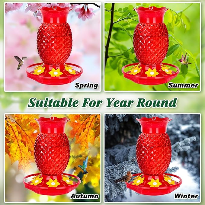 Fchstaer Glass Hummingbird Feeders for Outdoors Hanging Ant and Bee Proof 16OZ 1 Pack Red Pineapple Humming Bird Feeder with 6 Feeding Ports and Ant Moat Hummingbird Gifts for Women Garden Decor