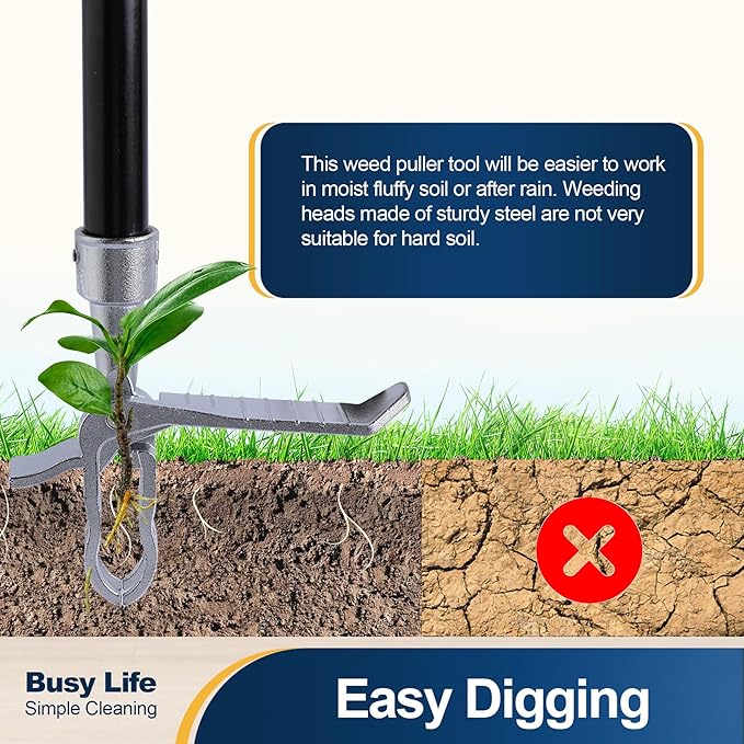 Yocada Weed Puller Tool Stand Up Weed Remover Tool with 4 Claw Steel Head Weeder Tool Long Handle Garden Hand Weeding Tool Easily Remove Weeds Roots Without Bending Pulling Kneeling 62.59"