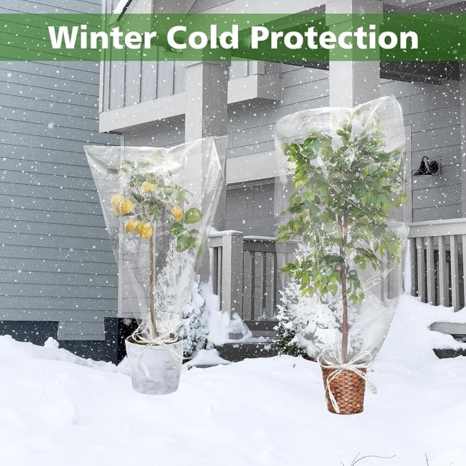 UNIFAMILY 5PCS Plastic Plant Covers Freeze Protection with Drawstring, Plant Shelter Bags Waterproof, 40 x 27 in Plant Frost Protection Covers, Outdoor Plant Cover for Winter Freeze Protection