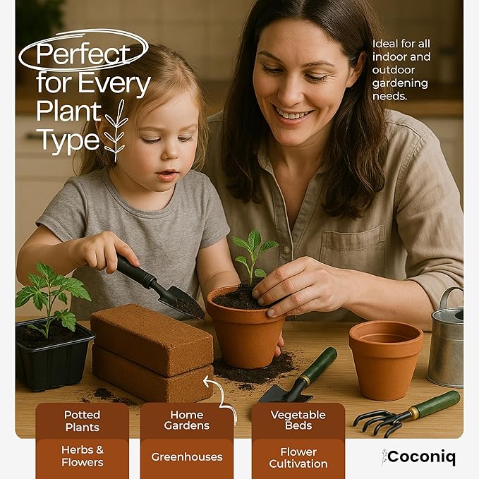 COCONIQ Premium Coco Coir Bricks 8 Pack - Lightweight Cocopeat for Garden Soil, Compressed Coconut Fiber Brick for Potting, Gardening, Planting, Seed Starting, Indoor & Outdoor Plants, Set of 8