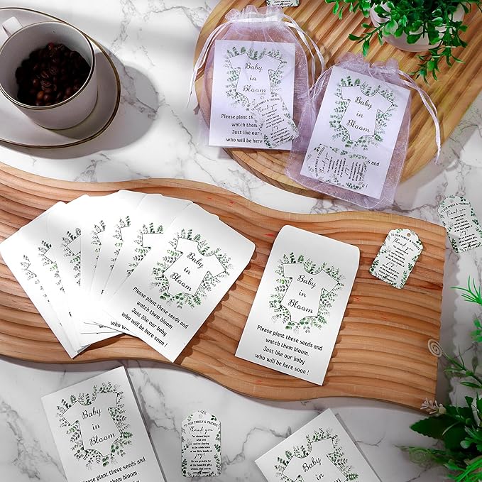 FIONUPI 100 Sets Baby Shower Party Favors Seed Packets Wildflower Kraft Self Adhesive Seed Envelopes Thank You Tags Organza Bag Boys Girls Gender Reveal Gifts for Guest Baby in Bloom Decor(No Seeds)