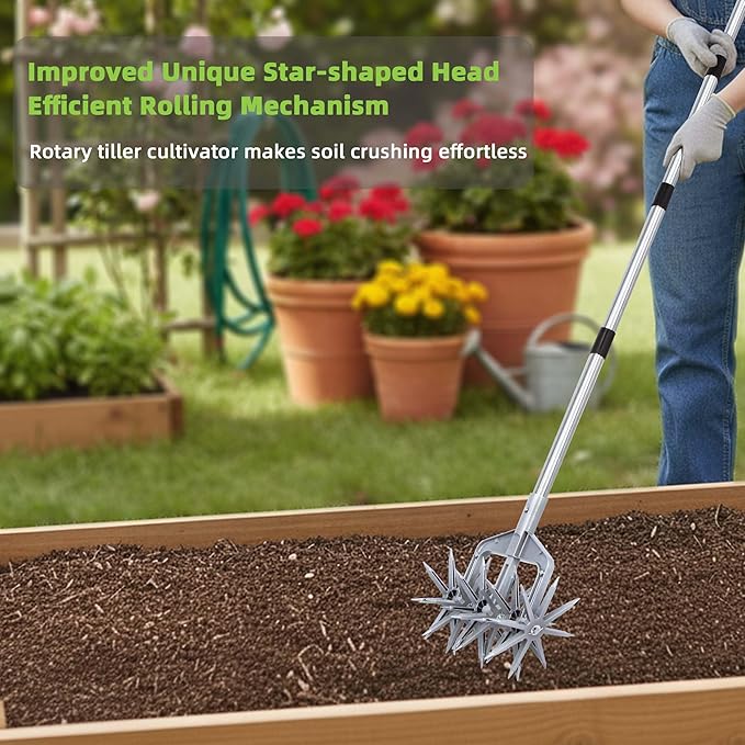 Rotary Cultivator, Adjustable Hand Tiller Garden Tool with Detachable Solid Metal Tines for Loosing and Mixing Soil,2-in-1 Manual Tiller Garden Cultivator for Reseeding Grass 58 Inch