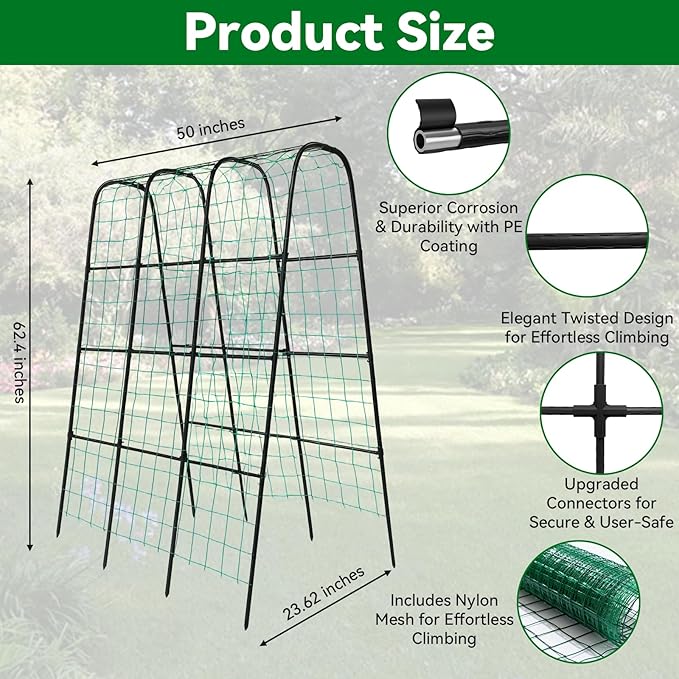 Cucumber Trellis - 62.4"*50" Cucumber Trellis for Raised Bed with Plastic-Coated Steel Pipe, U-Shape Garden Trellis for Climbing Plants, Garden Trellis for Cucumbers, Beans(Black)