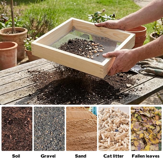 Wood Dirt Sifter for Gardening Compost Rock with 3 Interchangeable Filter Mesh Sizes 4 6 8 mm