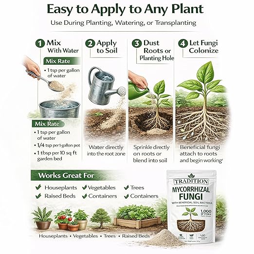 Tradition Mycorrhizal Fungi with Beneficial Soil Bacteria – 1,000 Spores per Gram – Water Soluble Root Inoculant for Houseplants, Vegetables, Trees & Garden Soil – 4 oz