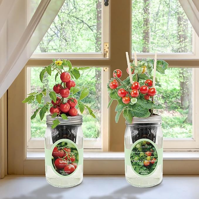 2-Pack Hydroponic Mason Jar Herb Garden Kit, Indoor Herb Garden Self-Watering Starter Kit, New Christmas Gift for Mom (Cherry Tomato,Red Robin Tmato)