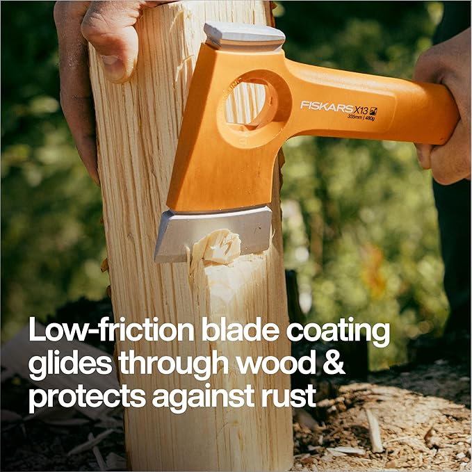 Fiskars X13 Ultralight Hiking Axe 13", Ultra-Sharp Forged Steel Blade for Efficient Chopping & Camping, 15% Lighter High-Visibility Orange FiberComp Handle Drives Tent Stakes, Sheath Included