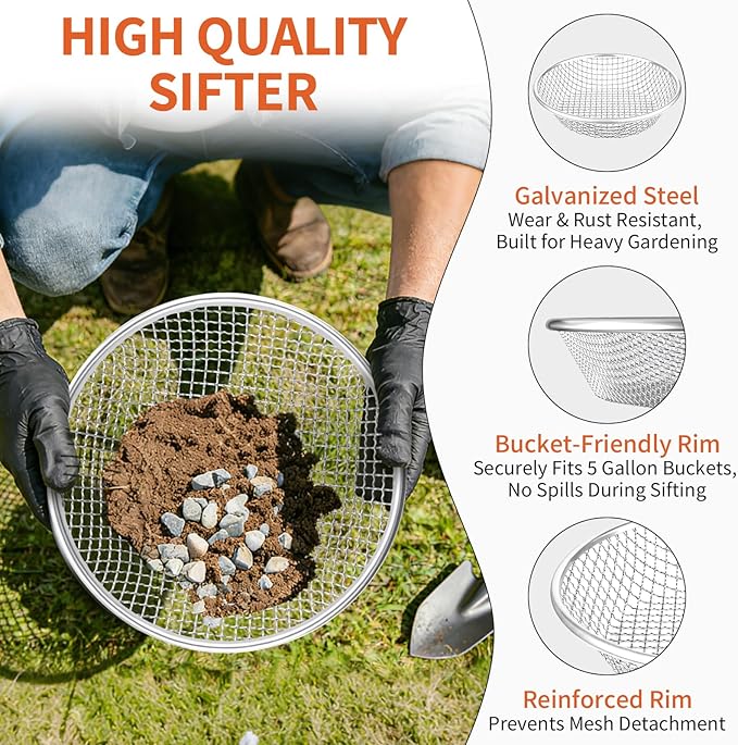 3PCS Soil Sifter for Gardening, Heavy Duty Rock Sieve Fits 5 Gallon Bucket, 3mm 6mm 10mm Galvanized Garden Sifter Compost Dirt Sifter, Sand Gravel Sawdust Pebbles