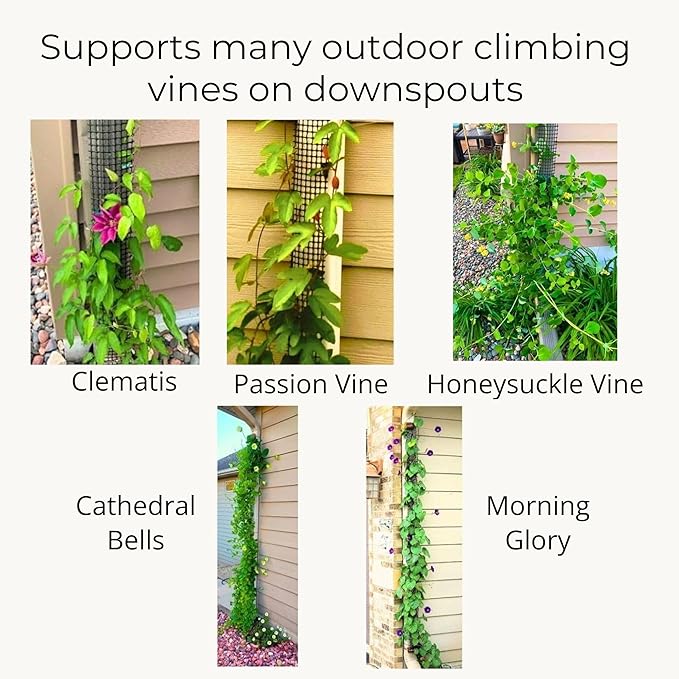 Downspout Trellis for Rain Gutters and Downspouts 9 ft x 4 Climbing Plant Support, HDPE Mesh Vine Trellis with Mounting Hardware for Clematis and Vines, Scroll Trellis 2-Pack