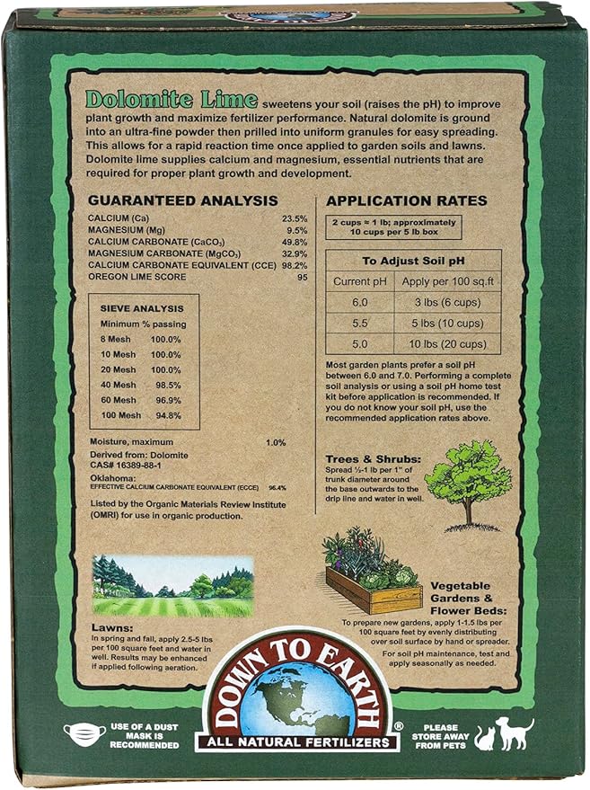 Down To Earth All Natural Fertilizers Organic Prilled Dolomite Lime - Calcium Magnesium Carbonate Raises Soil pH for Vegetable Gardens, 5 lb