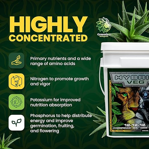GreenGro Hybrid Veg, Water-Soluble Fertilizer for Plants, Highly Concentrated Liquid Plant Food for Indoor & Outdoor Gardens 12-12-12 2lb