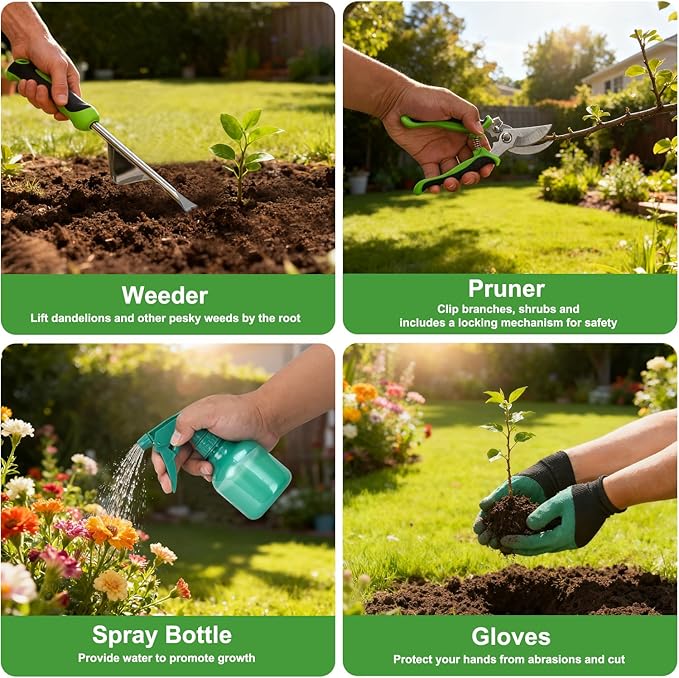 Yesker Gardening Tools 9-Piece Heavy Duty Garden Tool Set Gardening Supplies Gifts for Women Men Gardening Hand Tool Kit with Non-Slip Ergonomic Handle, Garden Bag, Durable Gloves and Shears, Green