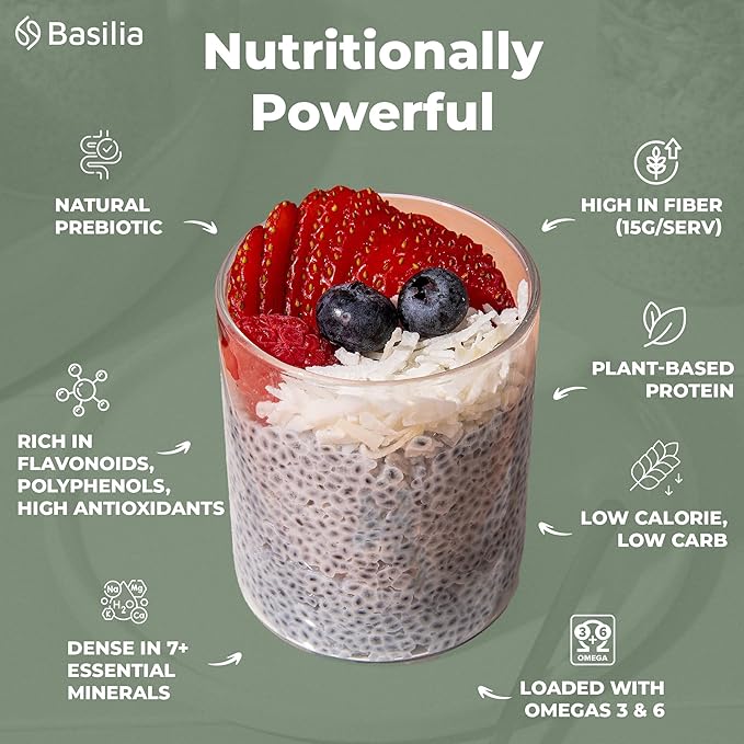 Basilia Basil Seeds Organic for Eating | 2x More Fiber than Chia | Nutrition-Packed Edible Basil Seeds Superfood for Breakfast, Smoothies & Drinks | Keto Friendly & Gluten Free | 1lb Bag