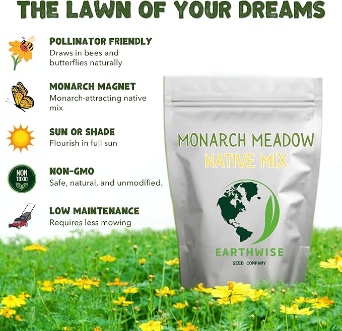 Earthwise Monarch Meadow Native Wildflower Seed Mix – 1oz – Covers 150 sq ft – Attracts Monarchs & Pollinators – Easy-Grow Native Blooms