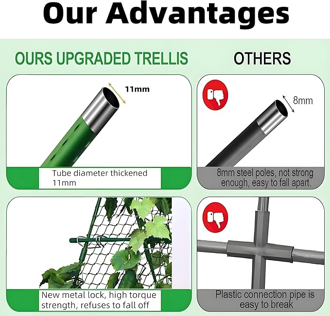 Garden Trellis for Climbing Plants, 4x4 ft Metal A-Frame with Support Netting, Outdoor Vegetable Trellis for Tomatoes Cucumbers Peas Beans Grape Vines, Fits Raised Beds, Green