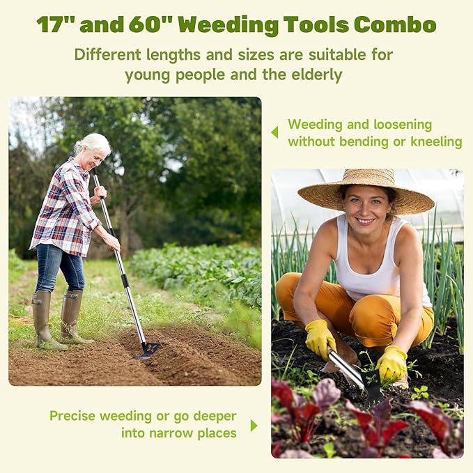 60" Weed Puller Tool with Long Handle and 17" Weeding Tools Gardening Set, Dual Side Hand Weed Rake and Hoe Garden Weeder, Uprooting Weed Pulling Remover Tool for Yard, Patio, Lawn and Garden Planting
