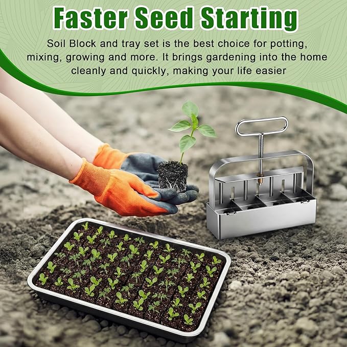 Soil Blocker with 5 Large Stainless Steel Seedling Trays 4 Cell Handheld Seed Blocker 2" Quad Soil Block Maker with 3 Types Seed Pins Water Catch Tray for Seeds Stater Pot Transplant Tray