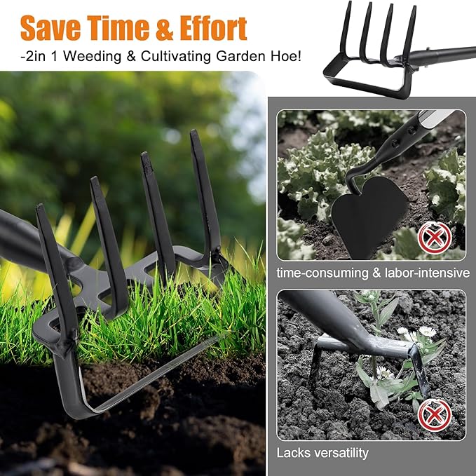 Garden Hoe with Cultivator Rake - Heavy Duty Stirrup Hoe Gardening Tool ,Sharp Blade,74 Inch Adjustable Long Handle,Weed Action Hoes for Fast Weeding,Grass Weeder Remover,Cultivating