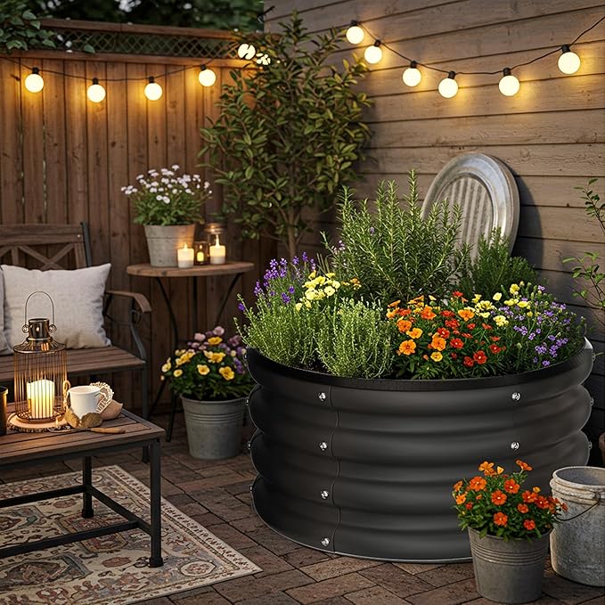ZXZYHFTY Raised Garden Bed, 0.6 mm Galvanized Steel Round Planter Box with Open Bottom, Black, 2 x 2 x 1 FT, 1 Pack