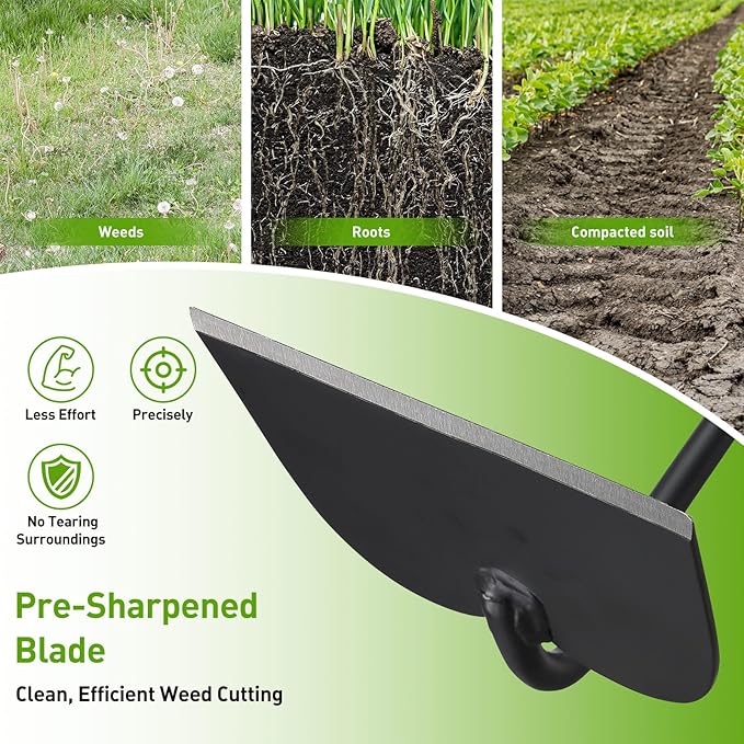 Garden Hoe for Weeding, Heavy Duty Draw Hoe Garden Tool for Plowing,Cultivating,Trenching, Ridging,Tilling Loosening Soil,Scraping Weeder with 60” Handle for Stand Gardening, Reduce Back Strain