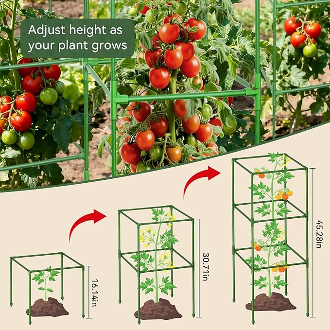 Halatool Heavy Duty Square Tomato Cages, 45 Inch Large Metal Tomato Cages for Garden, Adjustable Folding Tomato Trellis for Climbing Vegetables Flowers Fruits, 4 Pack