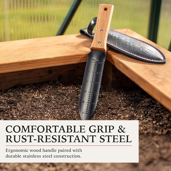 Hori Hori Garden Knife - Japanese Style Weeding & Digging Knife with Stainless Steel Blade, Depth Markings, Wooden Handle & Protective Sheath - Black