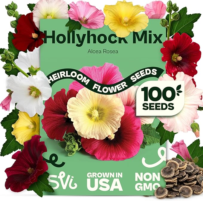 SVI 100 Mix Hollyhock Seeds (Alcea rosea) - Mallow, Common Hollyhock Seed Packets, Attracts Hummingbirds - Heirloom Flower Seeds for Outside & Inside, Meadows, Fences, Beds