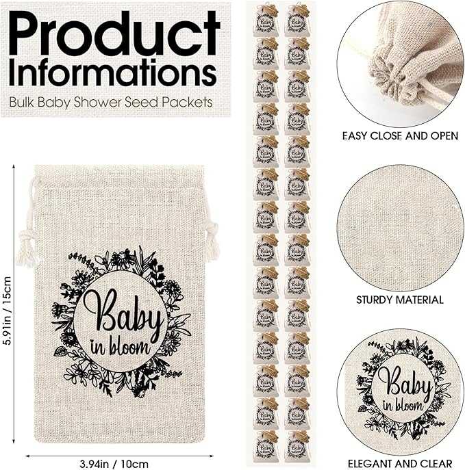 Fumete 25 Sets Baby Shower Party Favors for Guests Baby in Bloom Seed Packets Wildflower Organizer Seed Packets Burlap Bag with Drawstring Thank You Cards and Twine for Party Favor Guests, No Seeds
