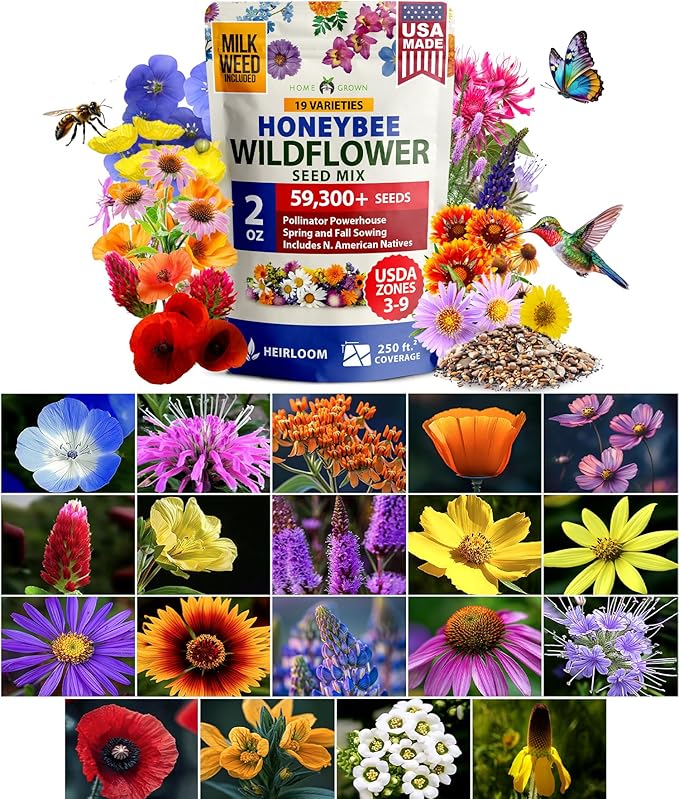 HOME GROWN Premium Wildflower Seeds Bulk Mix (2oz) - 59,300 Seeds & HOME GROWN 70 Variety Vegetable & Herb Seeds 32,000 USA Non-GMO