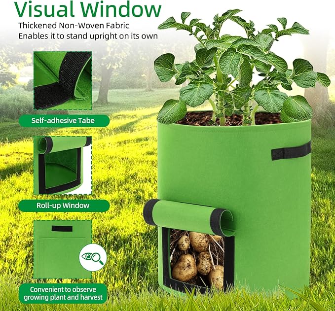 10 Gal Potato Grow Bags - Thickened Nonwoven Fabric Pots, Plant Bags with Flap for Growing Potatoes, Tomatoes, Fruits, Herbs (Light Green)