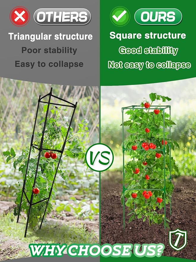 PAMASE Tomato Cages for Garden - 45x14.5x14.5in Square Tomato Plant Support Pole, Heavy Duty Steel Plant Tower Stakes Cucumber Trellis for Climbing Vegetable Flowers Fruits, 4 Pack