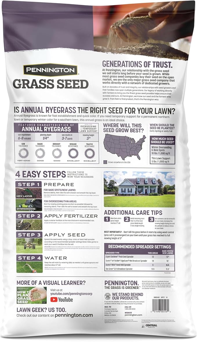 Pennington Annual Ryegrass Retail Bag to Overseed Warm Season Grasses, 25 lb