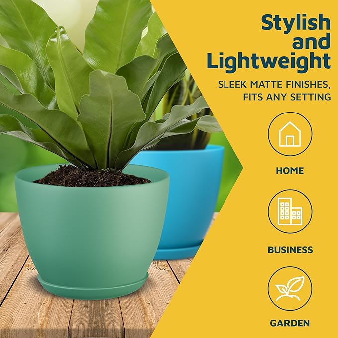 Multicolor Plant Pots with Drainage Holes & Saucers 3 Pack, Indoor & Outdoor Stackable Space-Saving Planters for Houseplants & Flowers, (7", 6.7", and 6" Inches), Durable & Weatherproof Materials